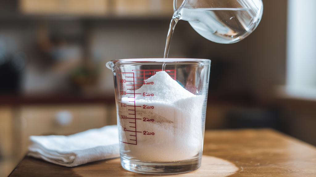 Water pouring into measuring cup with sugar