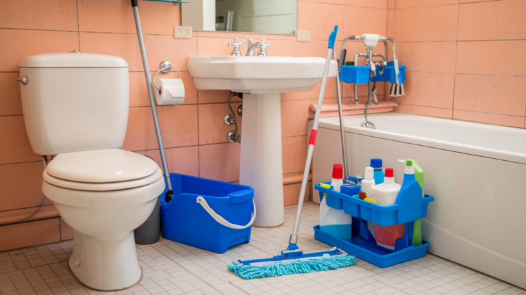 Bathroom with cleaning supplies for maintenance