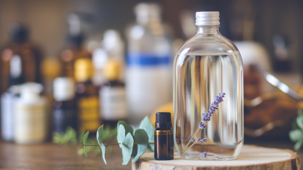 Essential oils and herbs on wooden surface