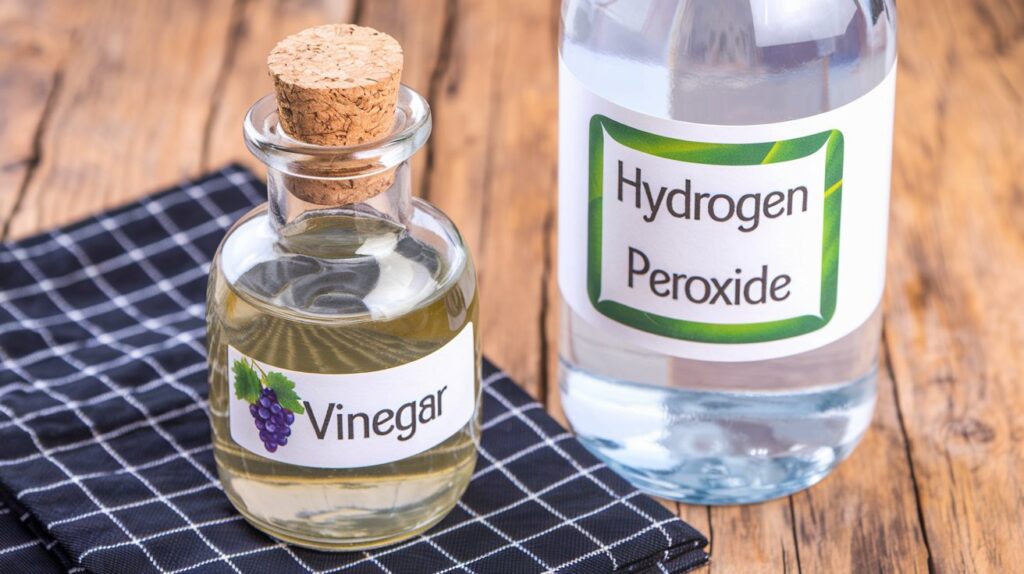 Vinegar and hydrogen peroxide bottles on wooden table