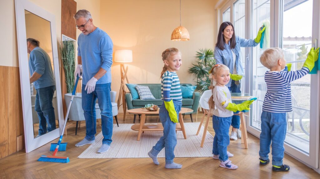 Family cleaning house together, kids helping parents