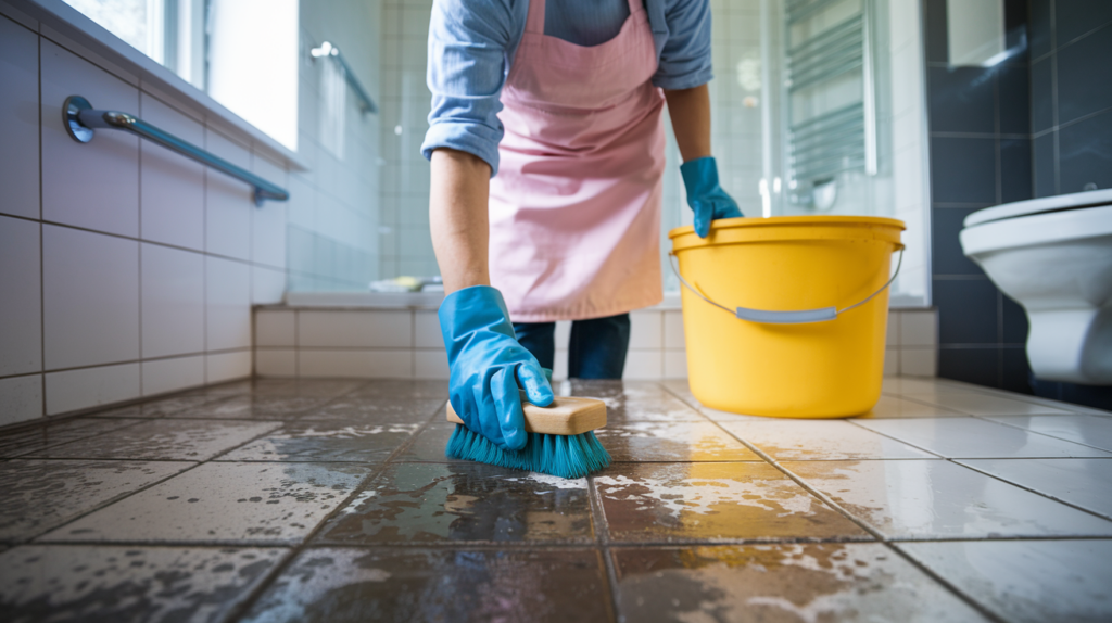 Person scrubbing bathroom floor tiles with brush and bucket