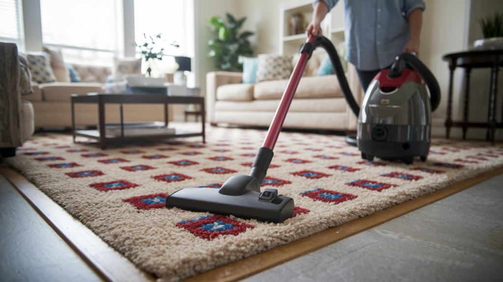 Person vacuuming a patterned carpet in living room