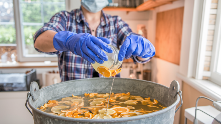 Person pouring liquid into large tub of sliced citrus