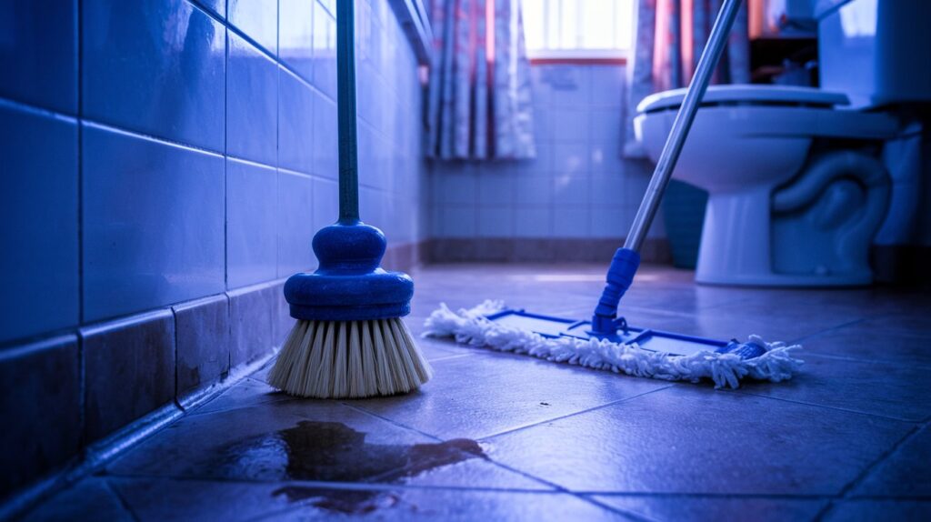 Blue bathroom with brush and mop cleaning floor