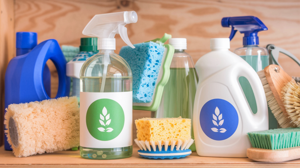 Assorted eco-friendly cleaning supplies on wooden shelf