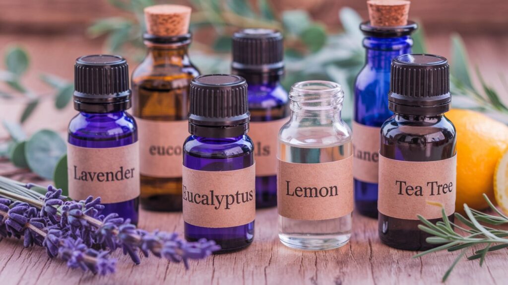 Assorted essential oil bottles with labels on wooden table