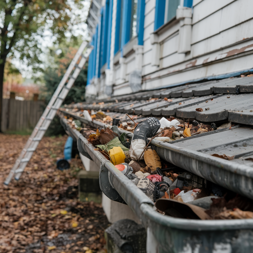 Clogged gutter filled with leaves and trash beside house