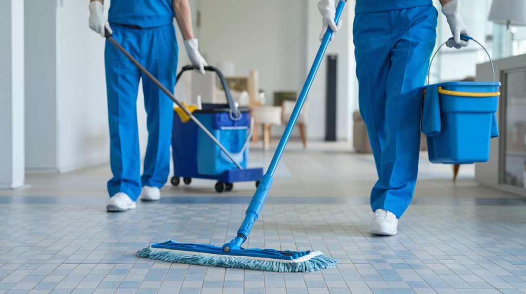 Janitors cleaning tiled floor with mops and buckets