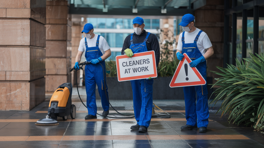 Cleaners in blue overalls working outdoors